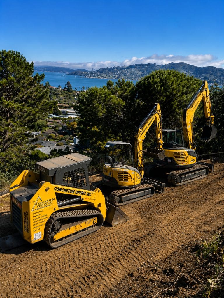Concretum Operis equipment fleet on a hillside job site in Richmond, CA