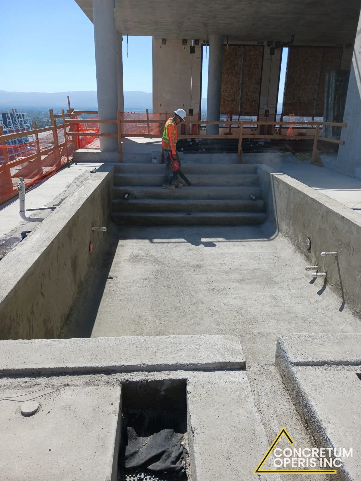 Rebar formwork ready for a concrete pour on a rooftop terrace in Santa Clara, CA
