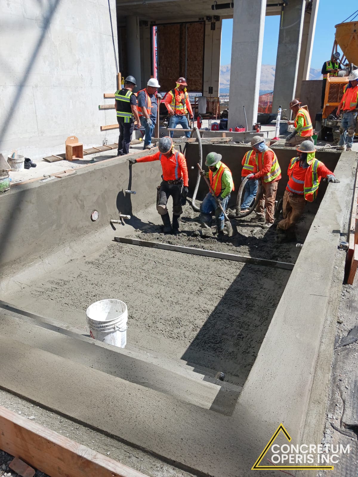 Close-up of a troweled concrete surface on a high-rise rooftop terrace in Santa Clara, CA