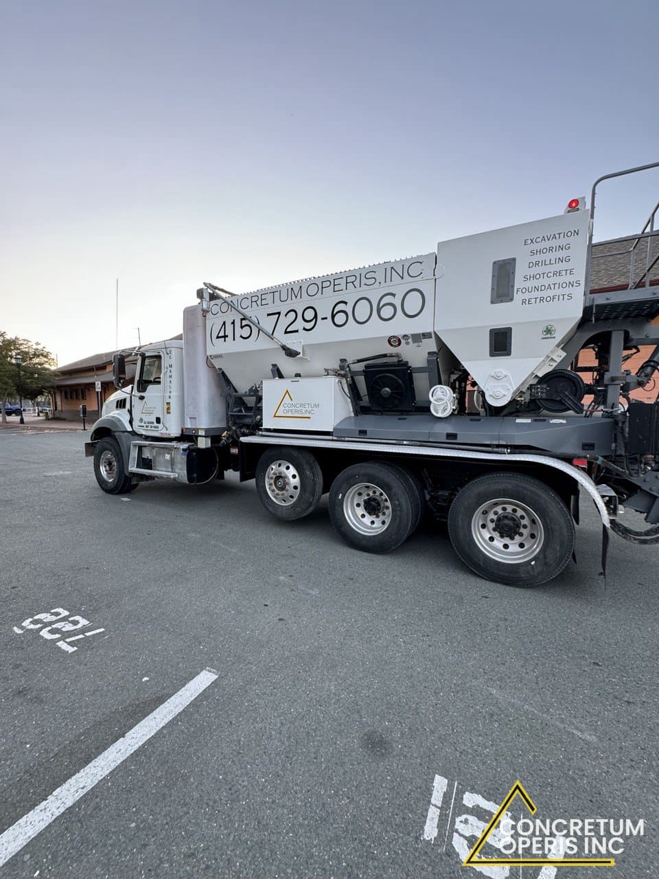 Concretum Operis ready-mix concrete supply truck in Richmond, CA