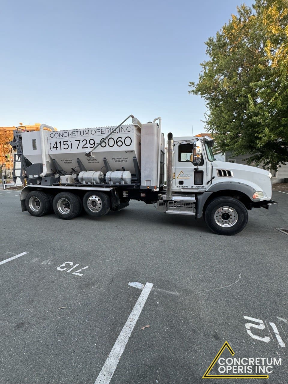 Concretum Operis ready-mix concrete supply truck in Richmond, CA