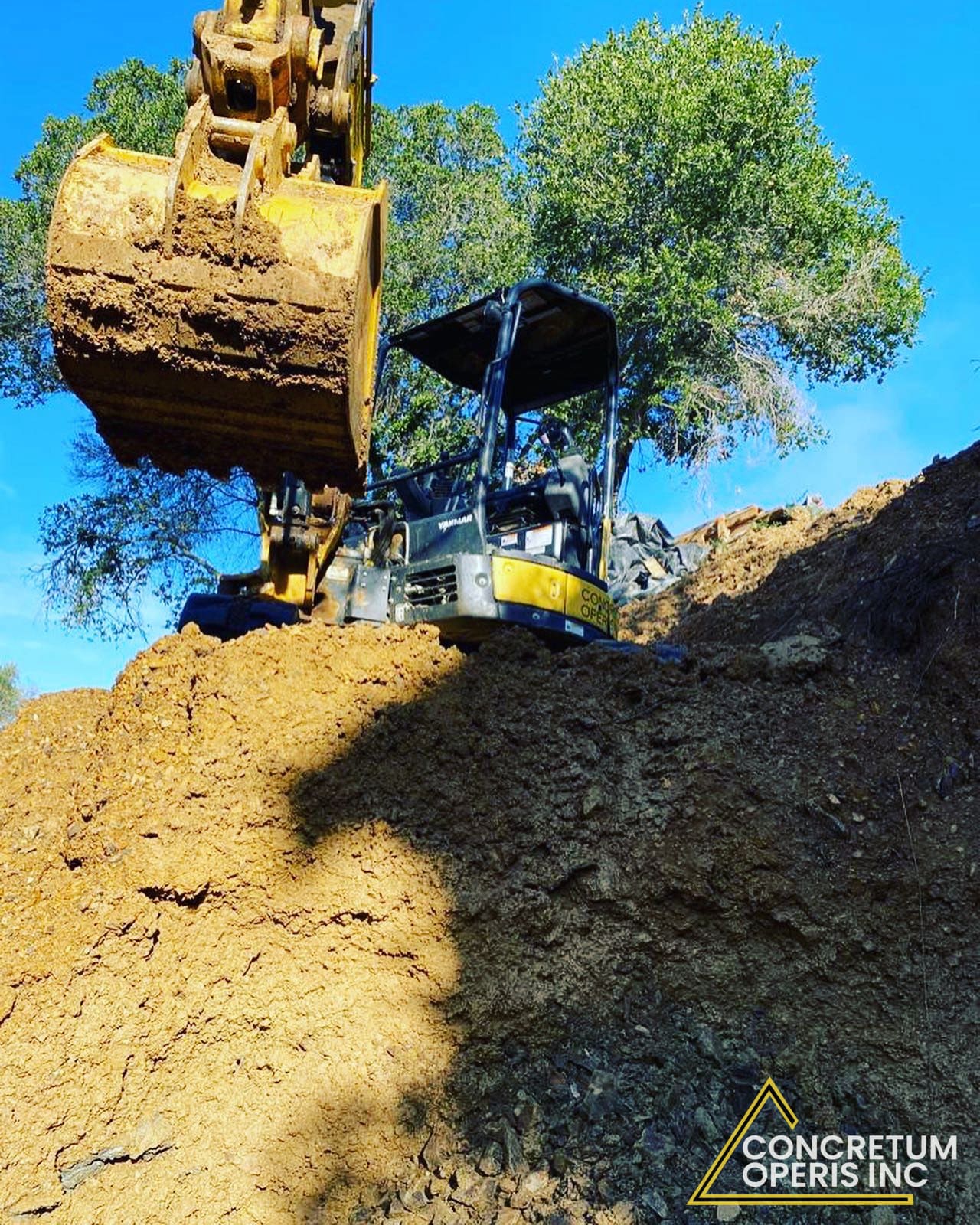 Mini excavator digging on a wooded hillside lot in Richmond, CA