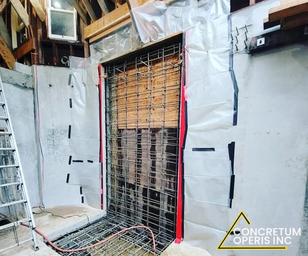 Rebar cage wrapped for a new foundation wall pour in Richmond, CA