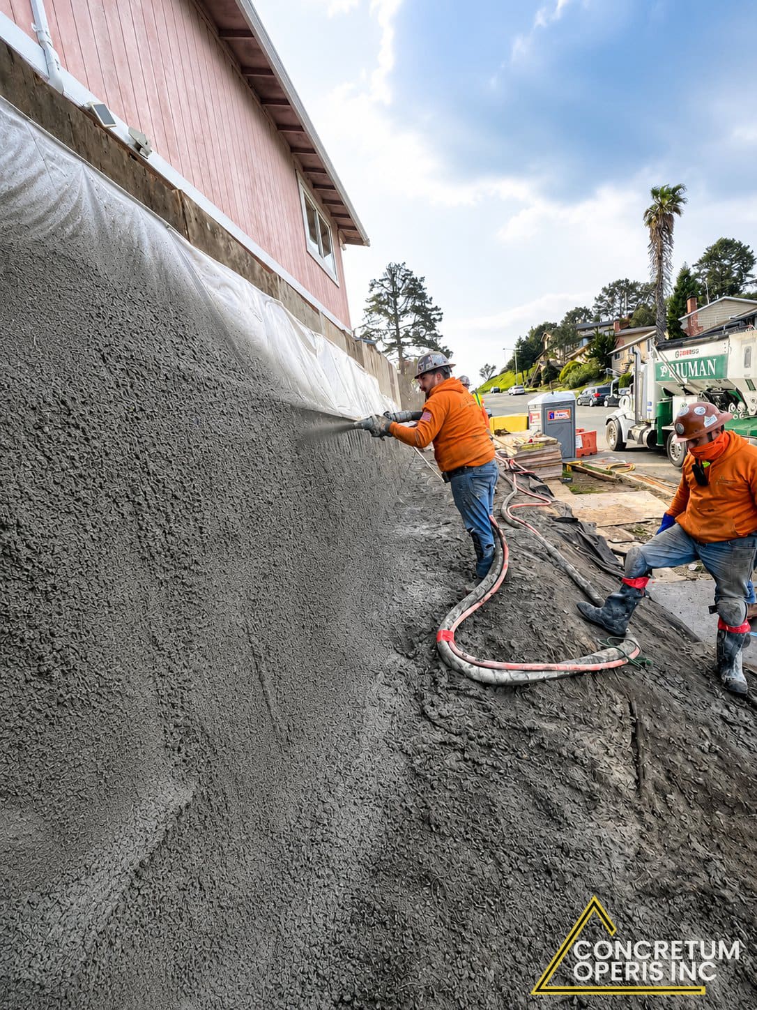 Crew shotcreting a retaining wall along a residential foundation in Richmond, CA