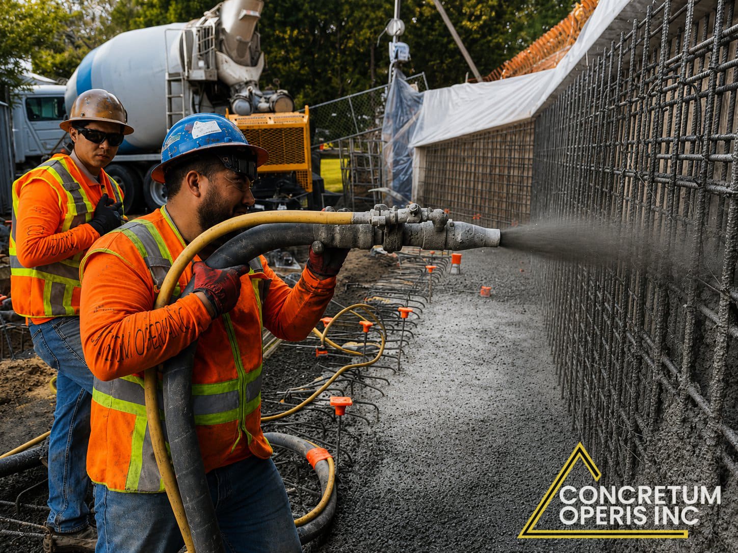 Shotcrete application on a rebar wall next to a concrete mixer truck in Richmond, CA